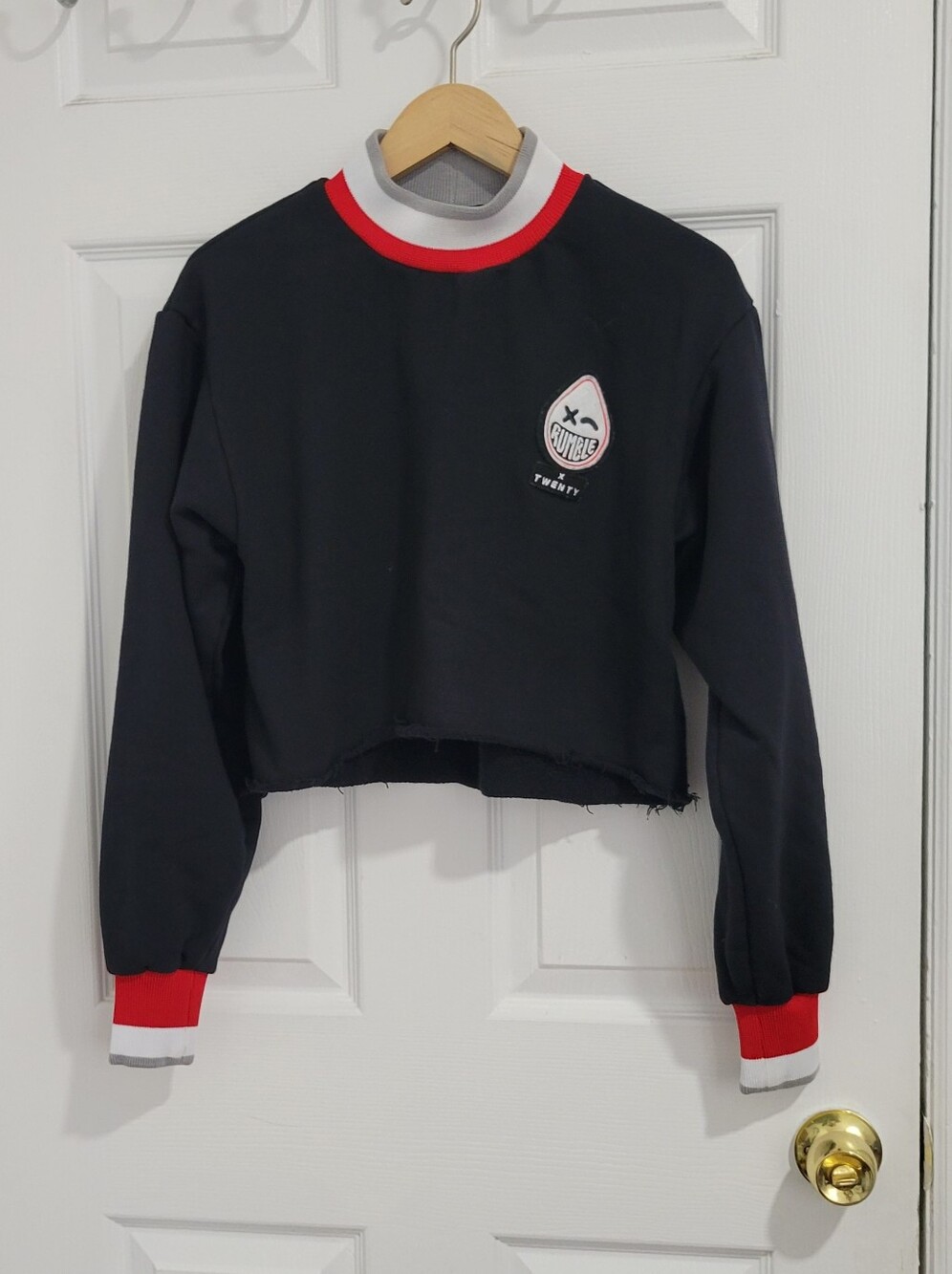 Twenty Black Cropped Crewneck Sweatshirt with Red & White Trim